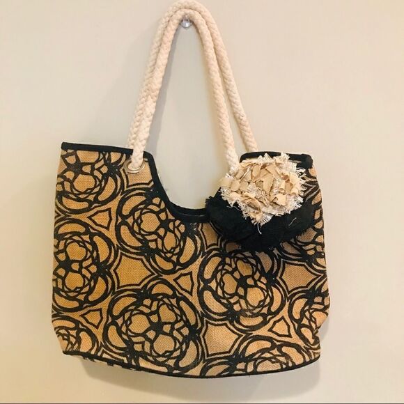 👠mudpie Straw Jute Beachbag with flower print - Picture 1 of 8